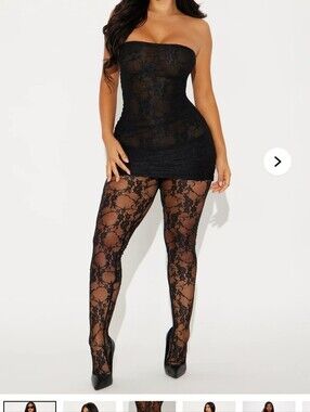 Fashionova Sheer Black Lace Strapless Mini Dress with Lace Tights